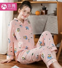 女士纯棉长袖睡衣 - 翻领开衫 蕾丝点缀